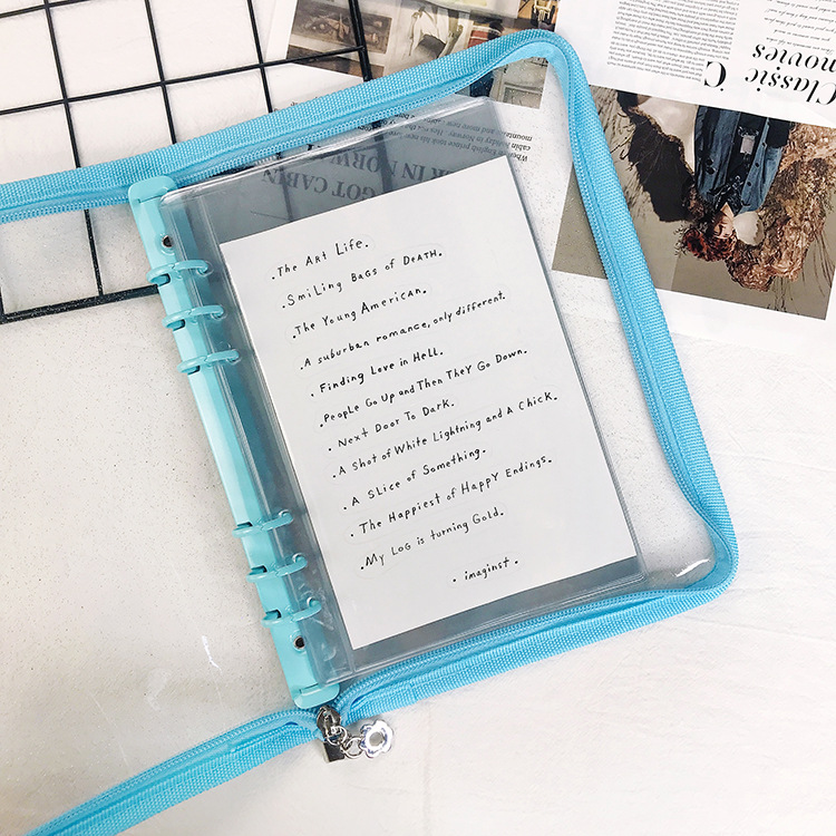 Nueva combinación de estilo coreano A5 transparente 6-agujero con cremallera portátil PVC transparente de hojas sueltas de viaje cuaderno de hojas sueltas