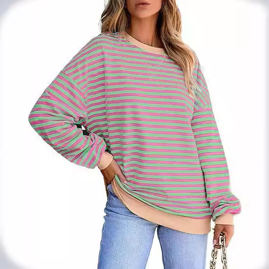 Sports 2024 Casual Round Neck Long-Sleeved Contrast Striped Sweatshirt Pullover Waist-Cinching Top T-Shirt Loose Style