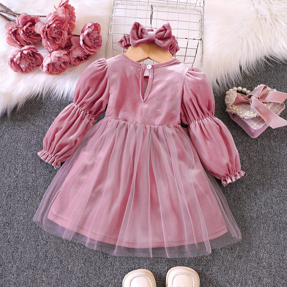 Vêtements EW, nouveaux produits pour bébés et enfants, robe à manches lanternes en velours pour filles automne et hiver Q1121-A_voghion.com