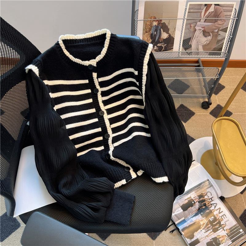Diseño de costura a rayas de punto cardigan puff manga suéter de gasa corto elegante falso de dos piezas Top Otoño image 4