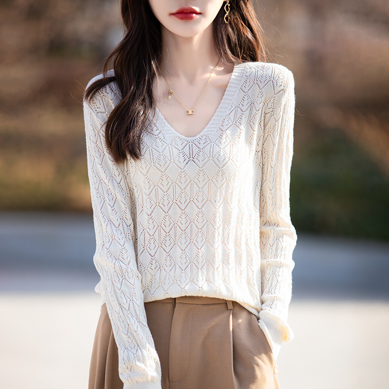 2025 Spring and Autumn New Women's Hollow Knit Sweater Thin Loose V-Neck Outerwear All-Cotton Sun Protection Shirt Top