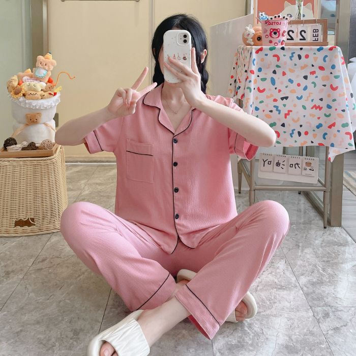 Comercio exterior transfronterizo al por mayor pantalones de manga corta pijamas mujeres verano espuma fina color sólido cardigan solapa traje de servicio a domicilio