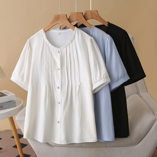 Fat Girl Plus Size Shirt Short-Sleeved Lace Collar Cardigan Pleated 2025 Summer Elegant Plus Size Shirt Women's Clothing 302