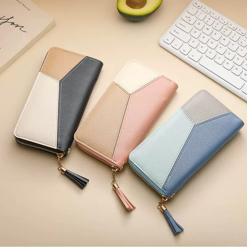 撞色拼接长款钱包女士手拿包女2025新款时尚日韩大容量拉链钱夹女