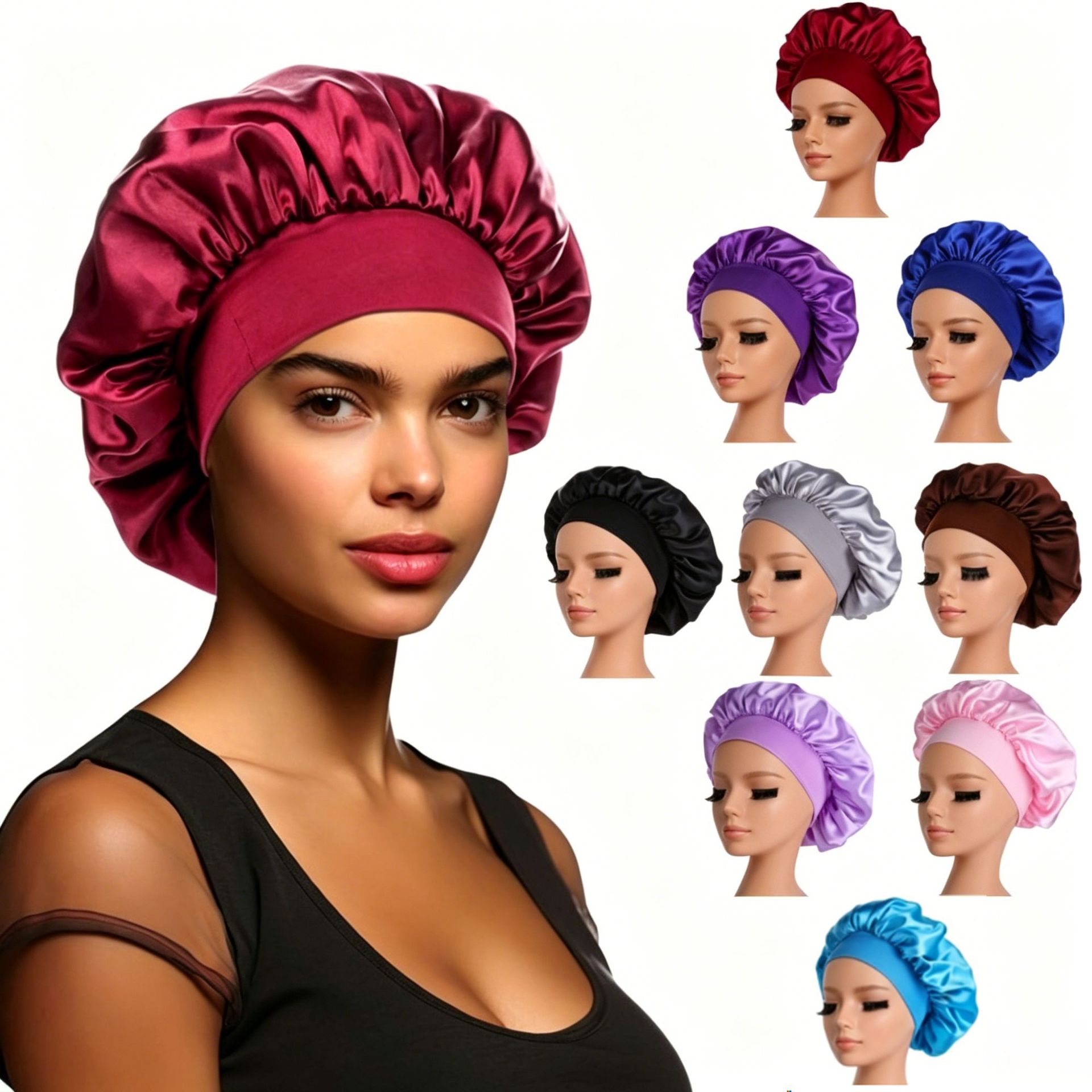 Cross-border wide-brimmed high-elastic satin sleep cap, women's beauty and hair care bonnet, postpartum and chemotherapy cap