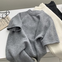 秋冬加厚极简慵懒风仿羊绒大版针织短袖上衣女圆领松弛感卷边毛衣