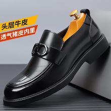 皮鞋男真皮英伦套脚深棕色圆头无鞋带商务休闲一脚蹬正装男鞋代发