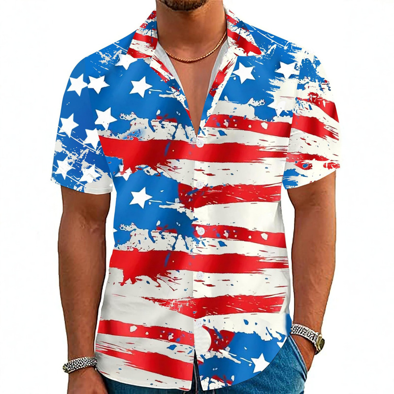 2026 New Cross-Border Hawaiian Shirt Men's American Flag Patriotism Fashion Personalized Short-Sleeved Shirt