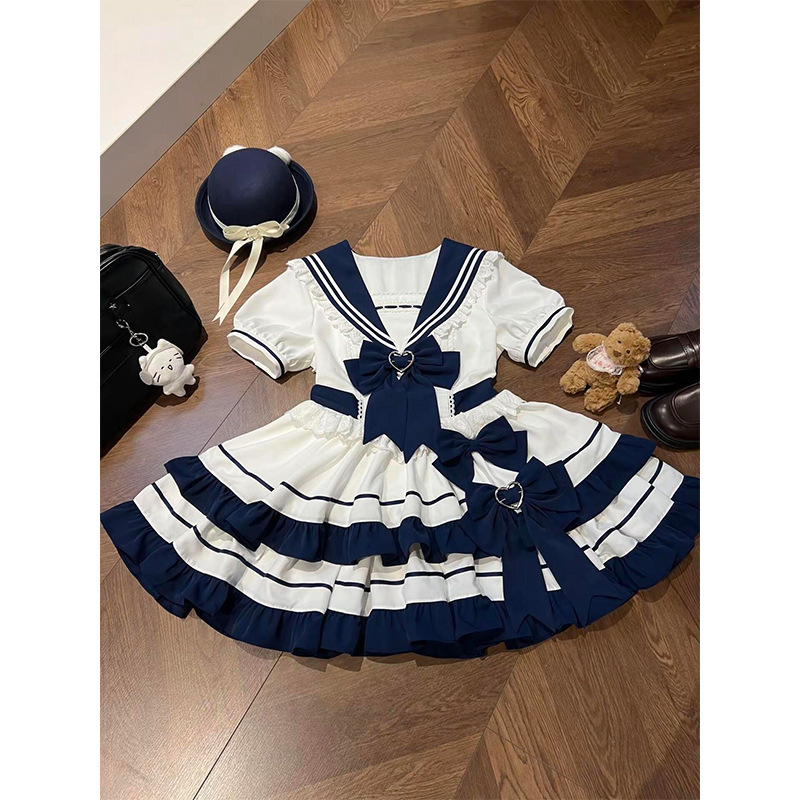 甜美温柔少女感Lolita裙洛丽塔海军学院风撞色拼接收腰蓬蓬连衣裙|undefined