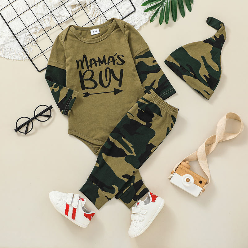 Fashion Camouflage Three-piece Baby Long-sleeved Romper Trousers Suit Wholesale Nihaojewelry display picture 2