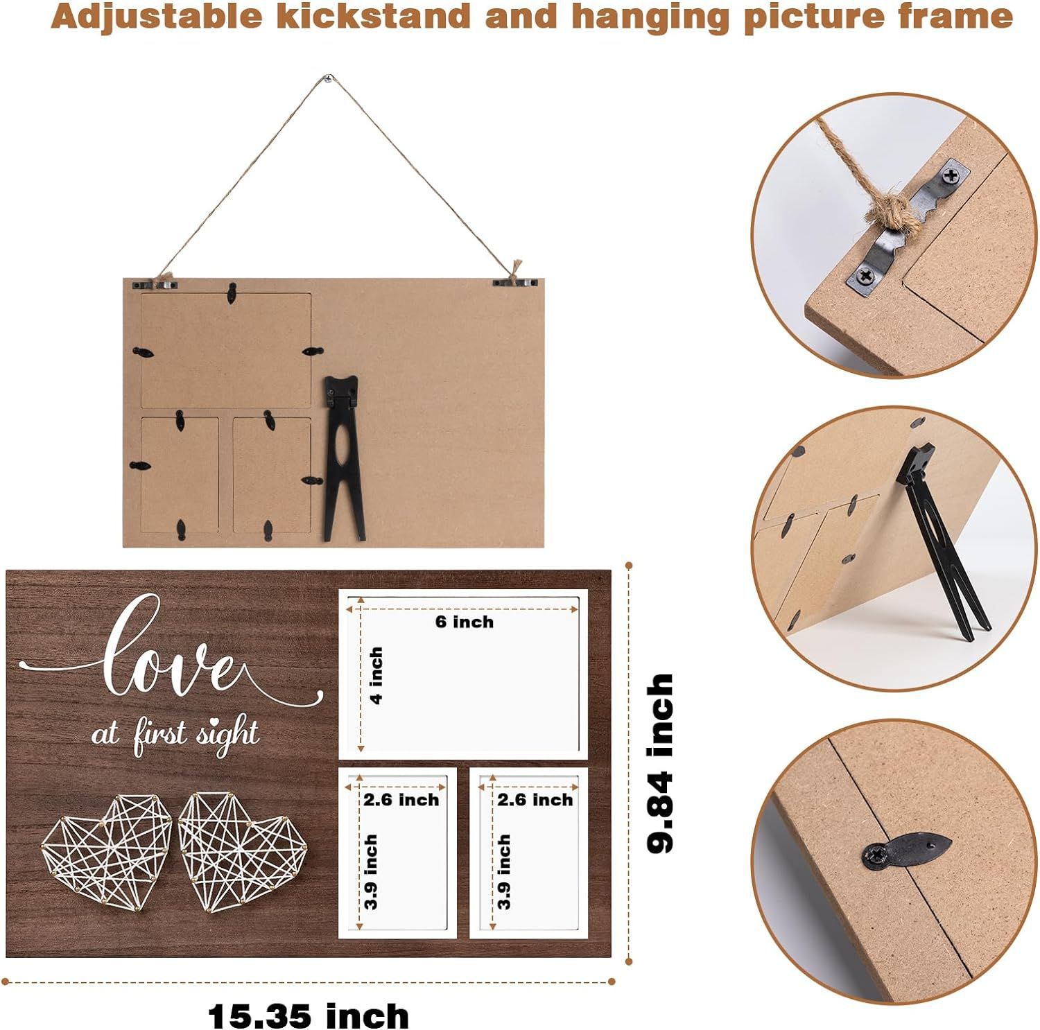 Marco de fotos de bebé de madera Mesa creativa impresión tinta colgante marco de fotos en forma de corazón latido bobinado