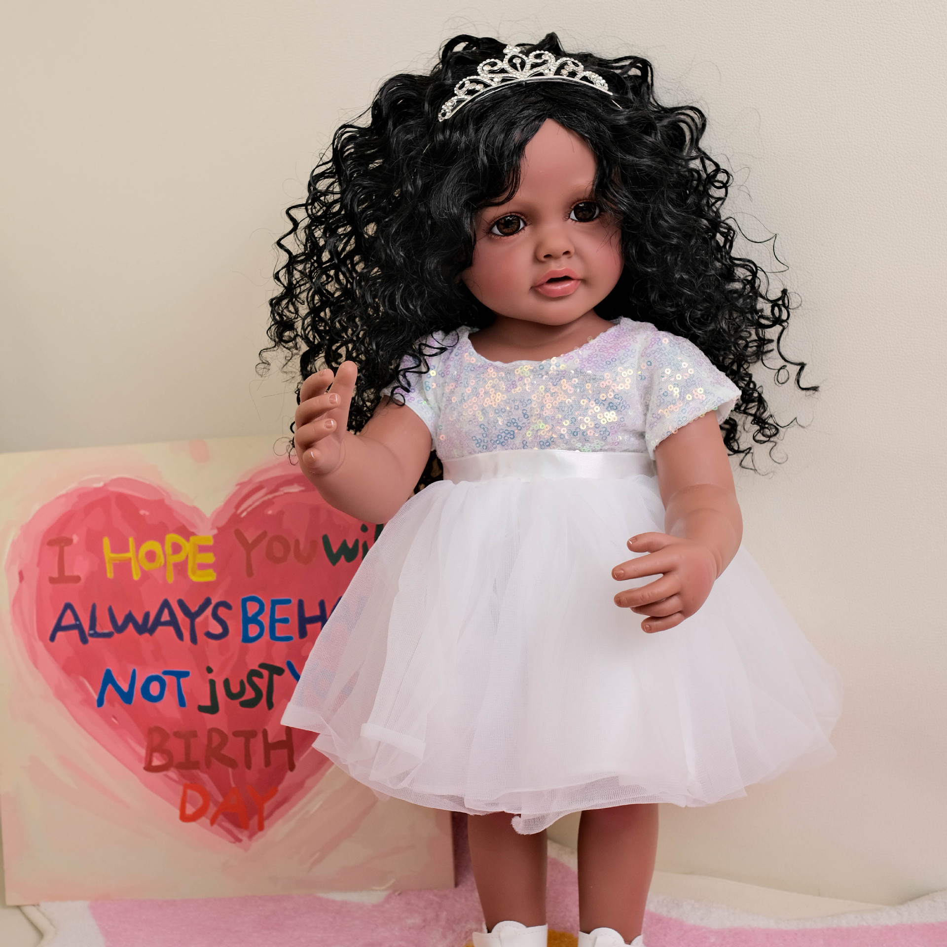 NPK22inch falda de gasa blanca con lentejuelas de goma completa Betty simulación renacimiento muñeca acompañante niño regalo