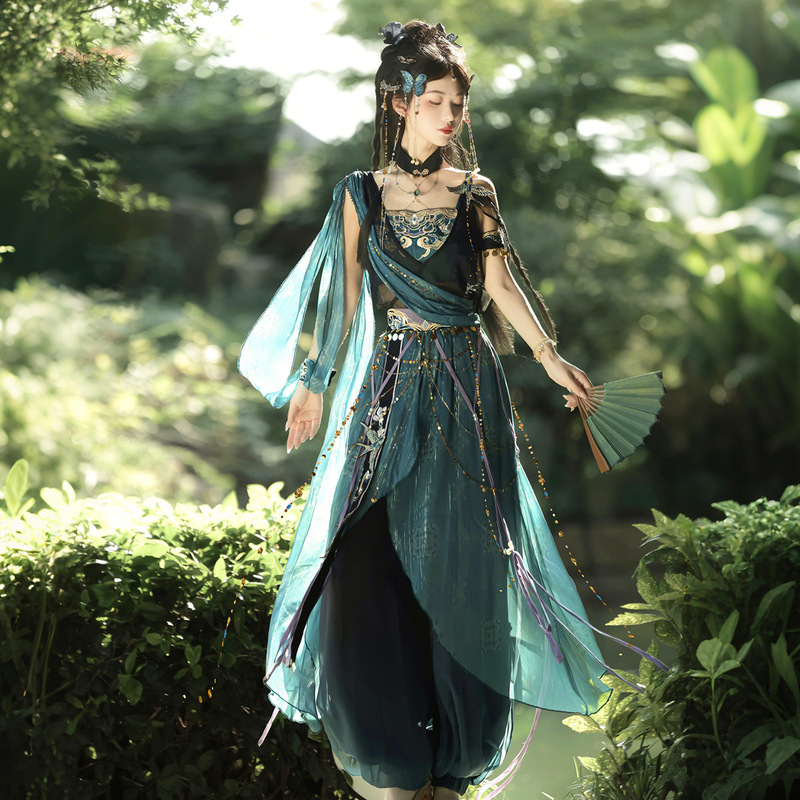 2026 Yimengge Original Design Qingniao Hanfu Women's Dunhuang Style Western Region Style Outerwear with Sling Pants Set 9633