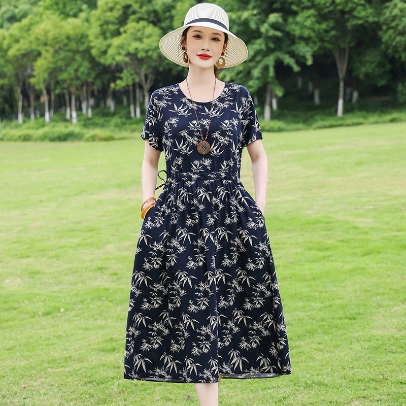 Новое летнее хлопковое шелковое платье с короткими рукавами для мамы с цветочным принтом, свободная темпераментная юбка выше колена, большой размер для похудения