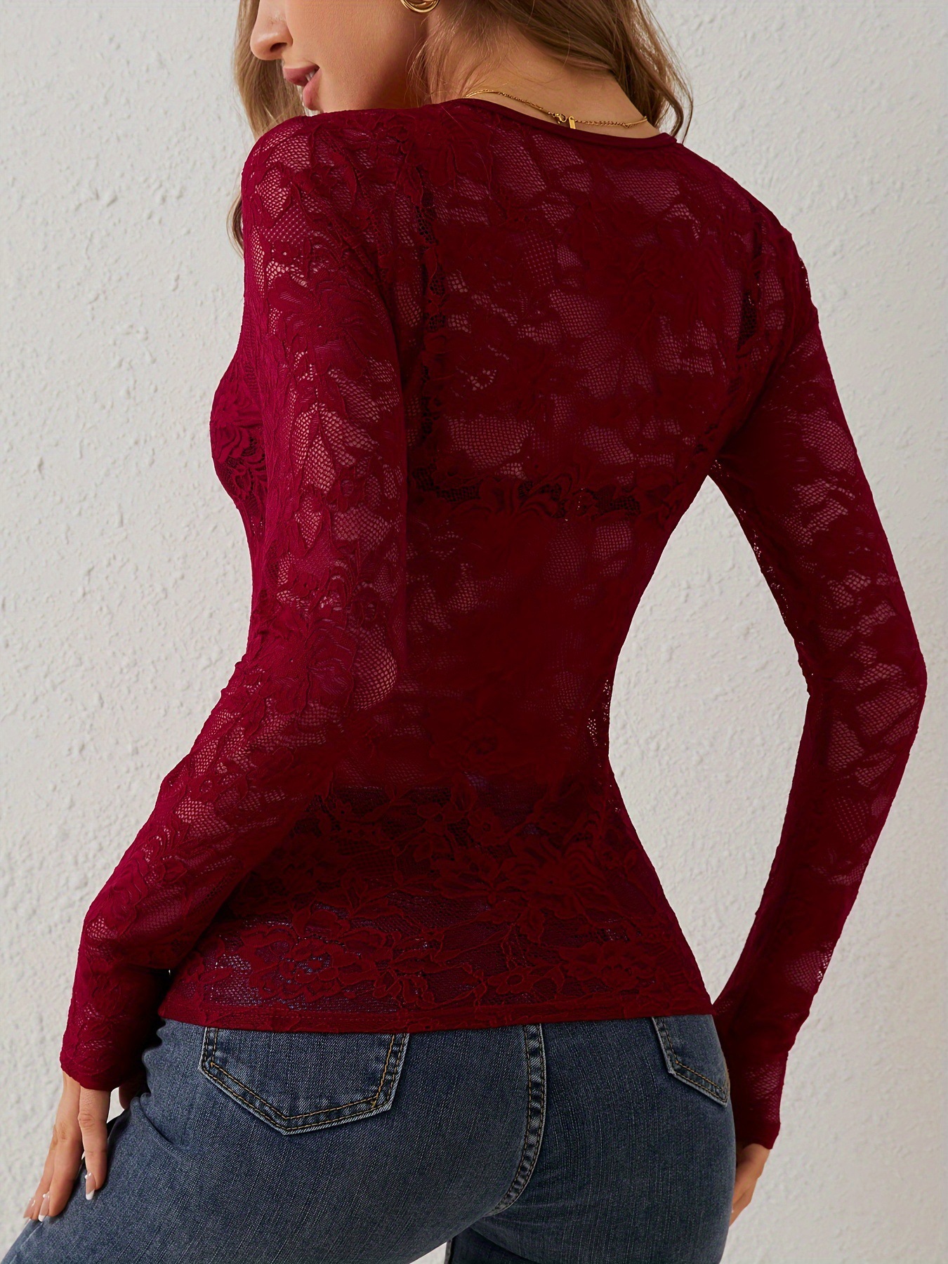 154g Weight Long Sleeve Sleeve Length Regular Sleeve Sleeve Type Lace, Nylon Fabric Type Ordinary Model (50cm <Length ≤ 65cm) Top Length Pullovers Tops Type Nightclub, Date, Tea Party Occasion V Neck Neckline Lace Function Slim Fit Type Solid Color Pattern 2025 Spring and Summer Season Women's Gender Elegant Style, Temperament Commuter Style 2025 Spring New Sexy Single Layer Flower Lace Fan Decoration Bottoming Shirt Top Female 25