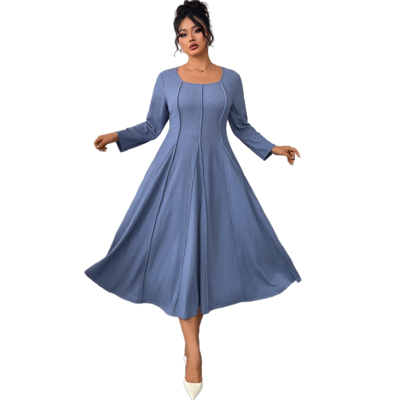 New long-sleeved dress for early autumn in European and American foreign trade. Amazon square collar, plus-size, loose, high-waisted, slimming long dress for chubby girls