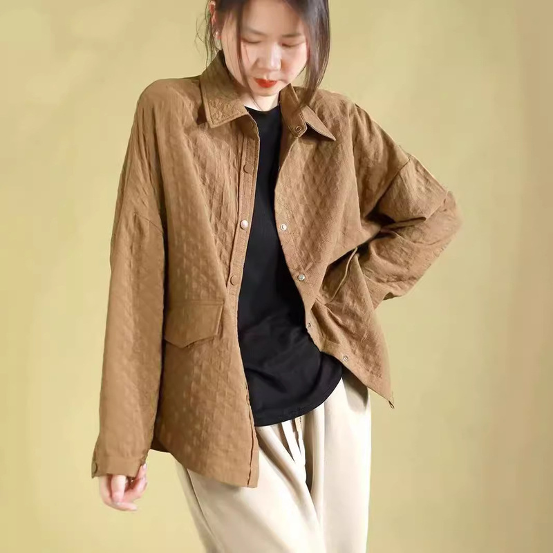 Ancient Cafe Costume Artistic Bubble Air Lattice Long-sleeved Coat Women's Autumn New Loose Lapel Casual Slim Top