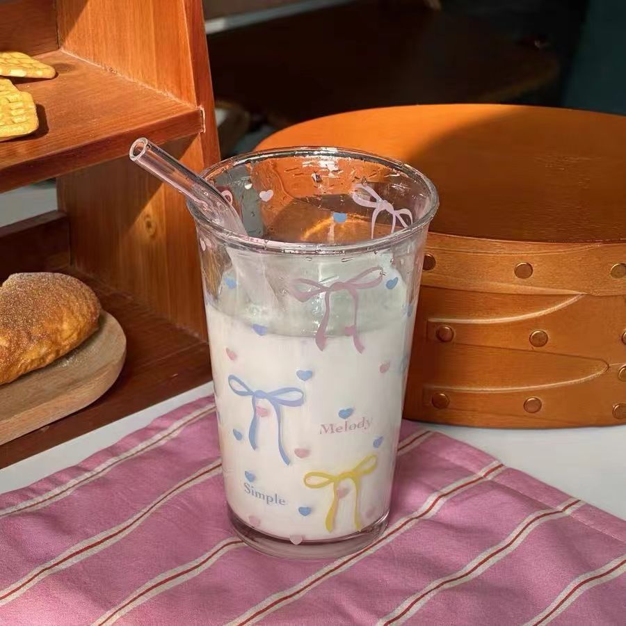 穆尼多巴胺女孩玻璃杯可爱甜品杯冷饮杯喝水杯卡通印花吸管杯