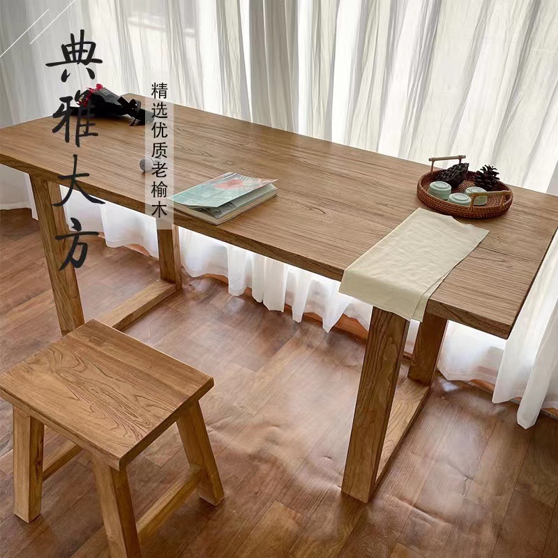 Casual New Chinoiserie Old Elm Tea Table Computer Table Desk Bed and Breakfast Home Flat Square Wooden Leg Table Solid Wood Wall