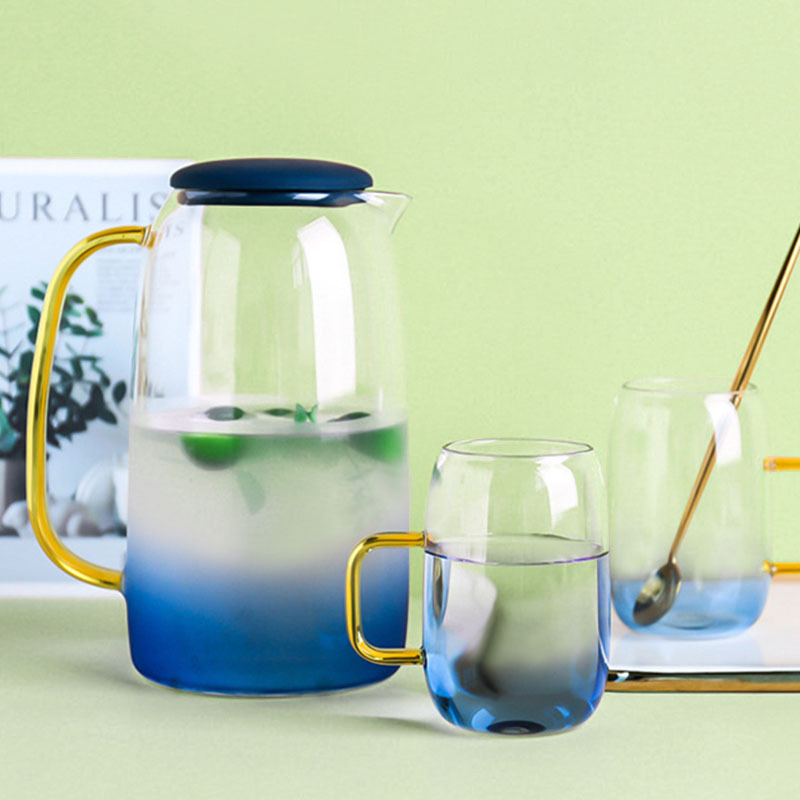 Botella de agua fría vidrio resistente al calor de alta temperatura a prueba de explosiones hogar de gran capacidad juego de té taza de mármol azul botella de agua fría