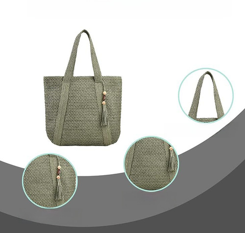 Woven Beach Bag Summer Weaving Handbag with Tassel Machine-Woven Tote Bag for Women