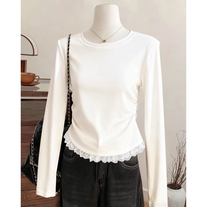 Lace-Trimmed Hem Round-Neck Long-Sleeve T-Shirt for Women, 2026 Spring and Autumn Season, Waist-Cinching Slimming Ruched Base Top Lace-Trimmed Hem Round-Neck Long-Sleeve T-Shirt for Women, 2026 Spring and Autumn Season, Waist-Cinching Slimming Ruched Base Top