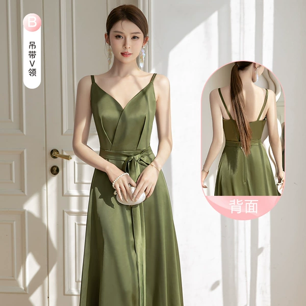 Green, long, V-neckline, mid-length