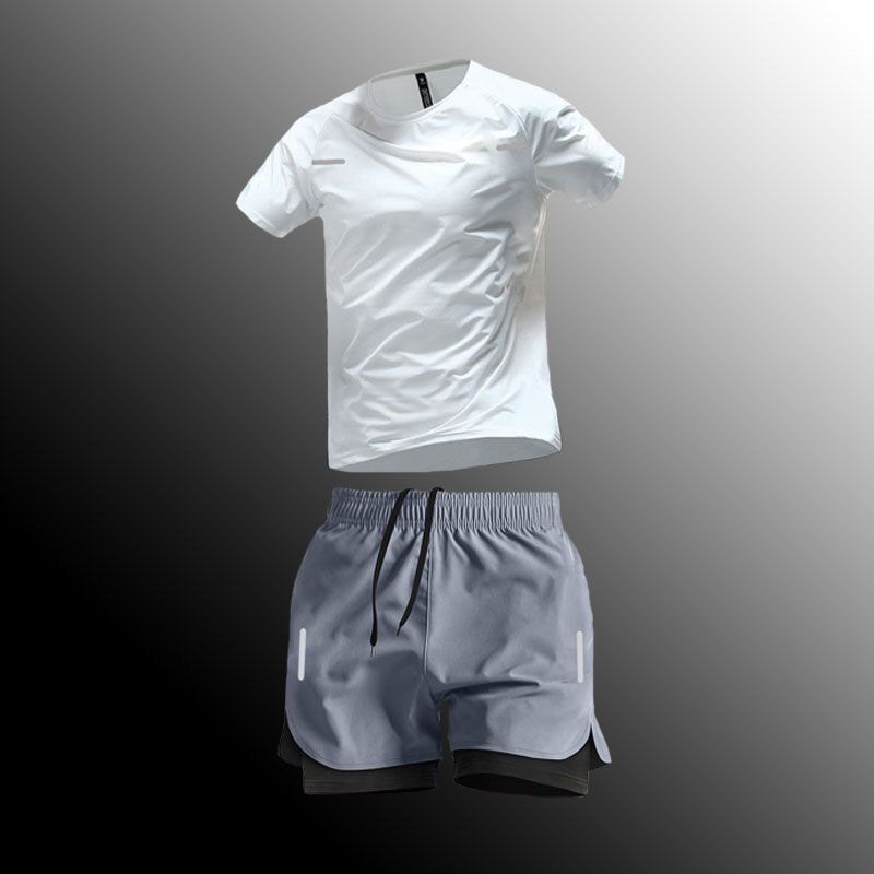 メンズ速乾スーツ夏Tシャツフィットネスウェアバスケットボール用品トレーニング偽ツーピースショーツランニングウェアスポーツ半袖|undefined