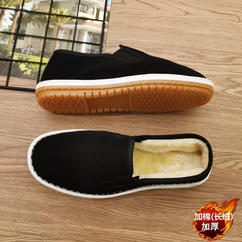 Тканевая обувь для мужчин и женщин на флисовой подкладке осенне-зимние теплые старые Пекинские говяжьи сухожилия с мягкой подошвой, удобные низкие длинные бархатные черные хлопчатобумажные туфли
