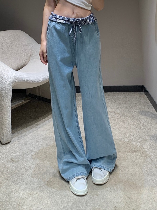 miu スプライスレースジーンズ、夏用通気性ワイドレッグパンツ、ファッショナブルでカジュアル、多用途、快適なストレートパンツ|undefined