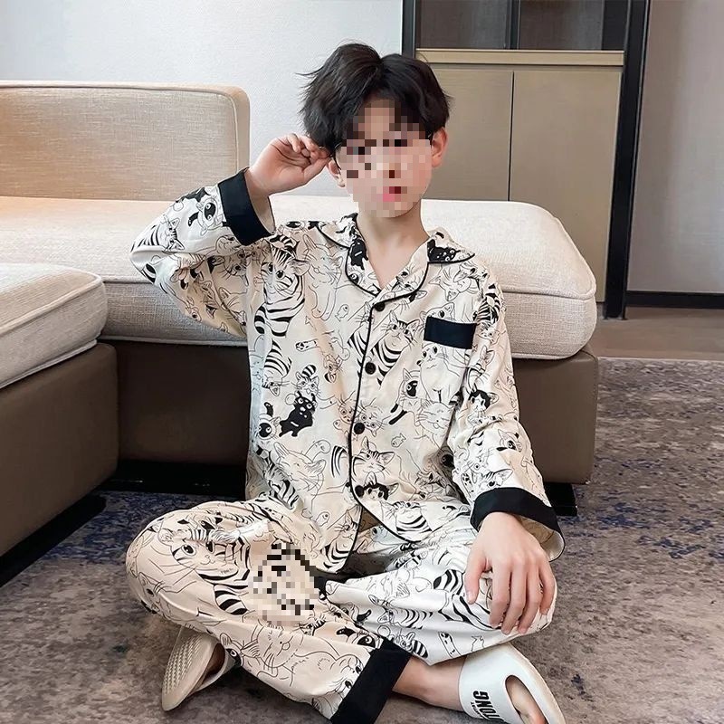 Primavera y otoño 2025 nuevo pijama de niño Cardigan manga larga primavera y otoño juvenil ropa de hogar set de algodón nublado