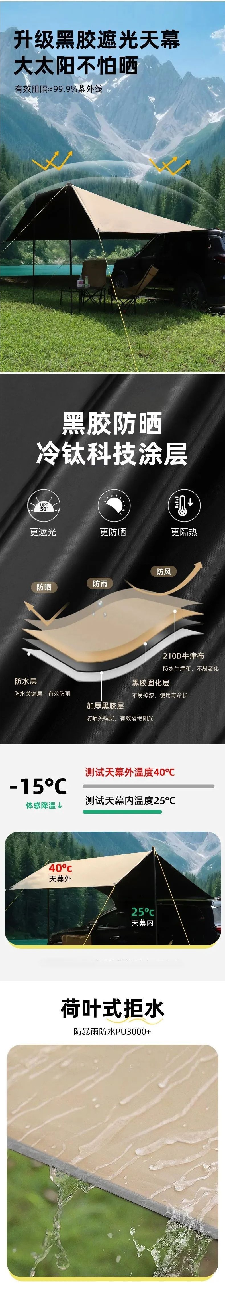 Outdoor Car-Mounted Sunshade, Car Side Rainproof Camping Travel Sun Protection Tent, Suction Cup Camping Canopy Sunshade