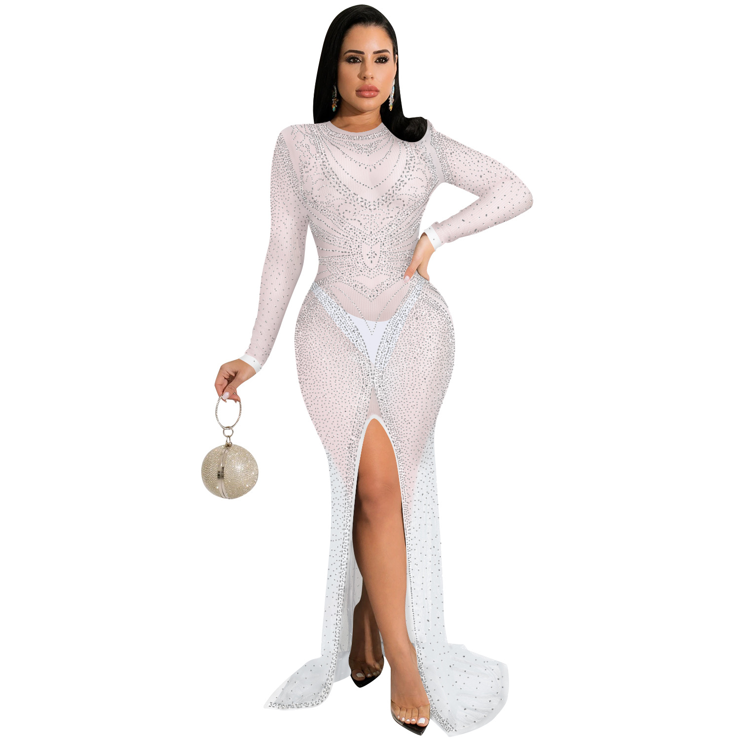 X5595 AliExpress moda europea y americana discoteca rhinestone caliente de las mujeres malla transparente manga larga split vestido mujeres