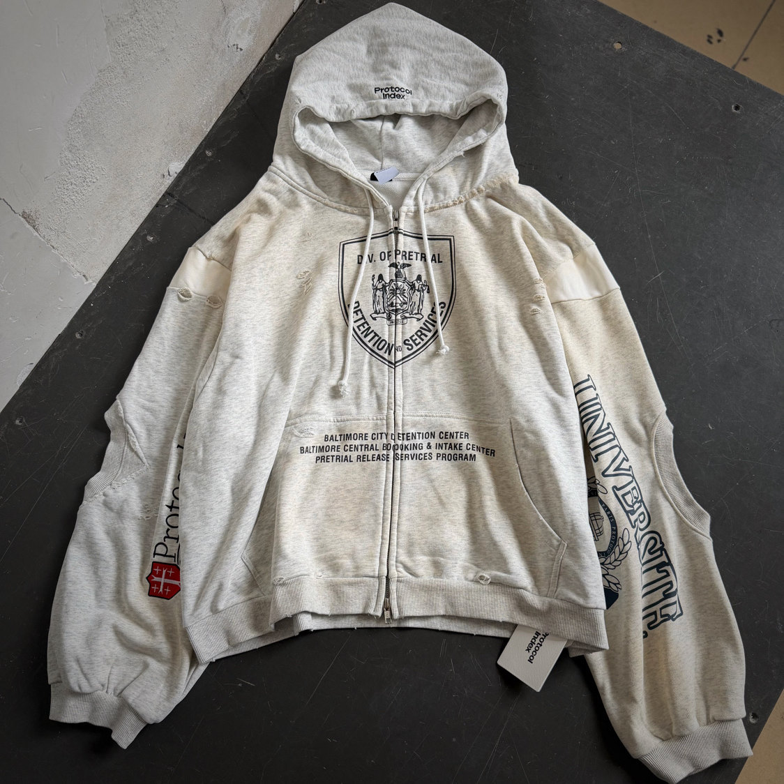 Protocol Index shield-shaped print distressed hoodie with zipper, unisex trendy jacket