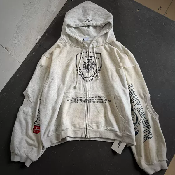 Protocol Index shield-shaped print distressed hoodie with zipper, unisex trendy jacket