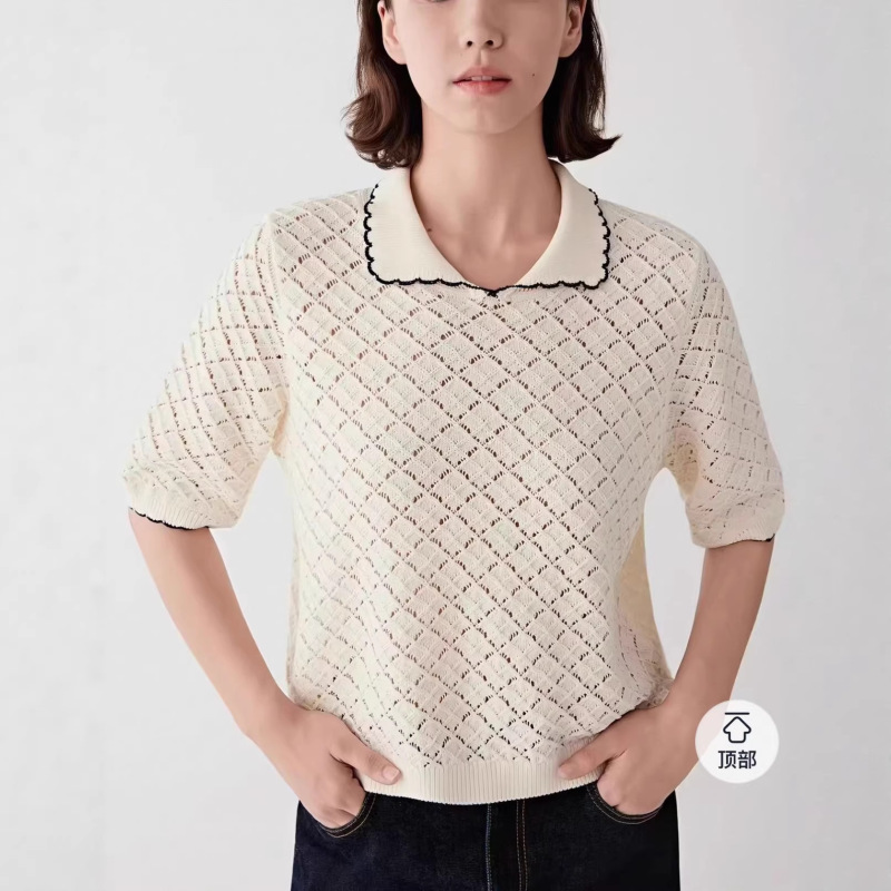 He1596+! the Same Style as in the Mall, 2026 Spring/Summer New Cotton Yarn Short-Sleeve Pullover Knit Sweater with a Turn-Down Collar He1596+! the Same Style as in the Mall, 2026 Spring/Summer New Cotton Yarn Short-Sleeve Pullover Knit Sweater with a Turn-Down Collar