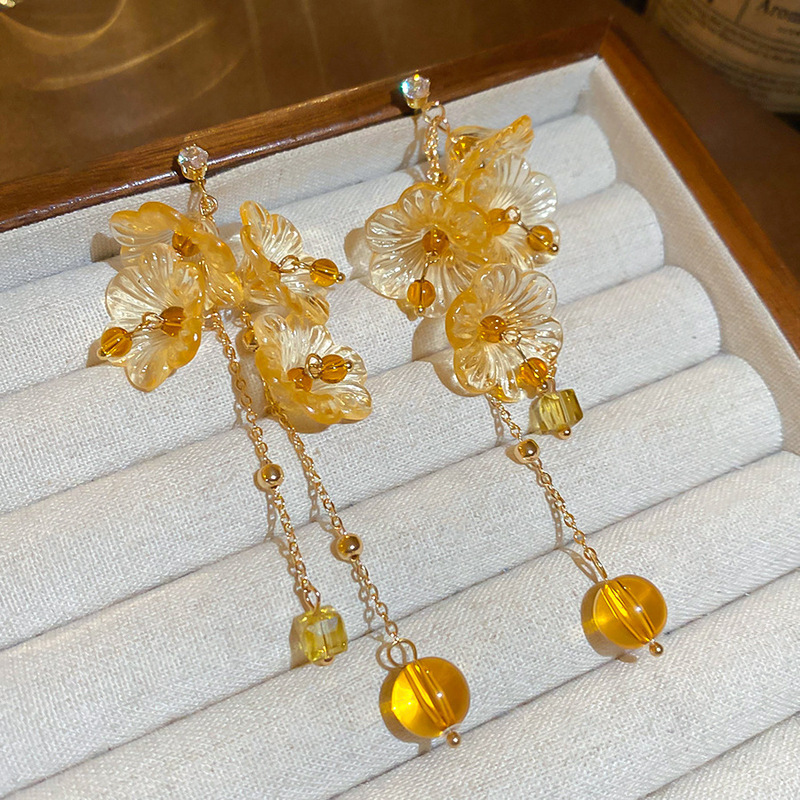 银针花朵树脂吊坠流苏水晶耳环小清新甜美气质耳钉轻奢高级感耳饰|undefined