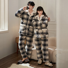 情侣睡衣女款冬季珊瑚绒夹棉加厚保暖男士冬天格子家居服