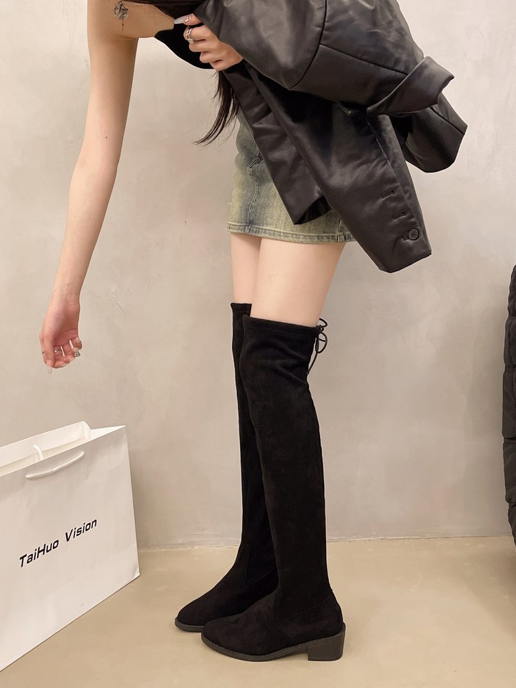 2024 new plus size versatile velvet style knee high fashion pointed thick heel slim elastic long boots_voghion.com
