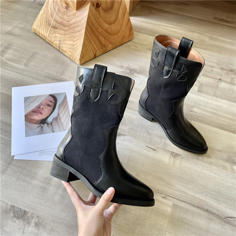 2024 Fashion Pointed Korean Edition Temperament Splicing Simple and Versatile Sleeve Thick Heel Short Boots for Women_voghion.com
