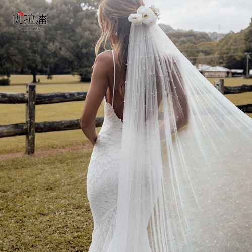 Youlapan pearl gauze wedding veil with long tail for wedding photography mesh veil with beads 3 meters wide V09