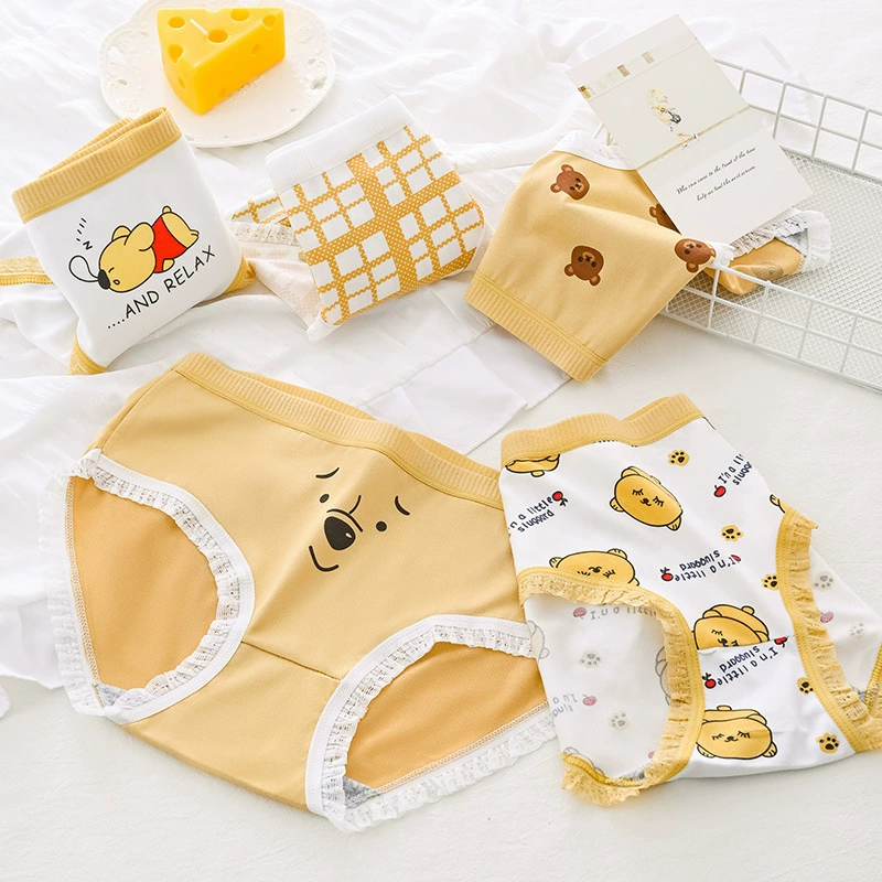 Трансграничное дышащее нижнее белье со средней талией и мультяшным медведем, женские милые треугольные шорты в японском стиле с принтом для девочек