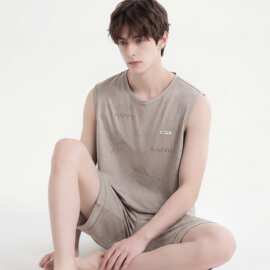 夏季新款100%棉男背心短裤套装睡衣运动休闲男家居服图片色纯棉