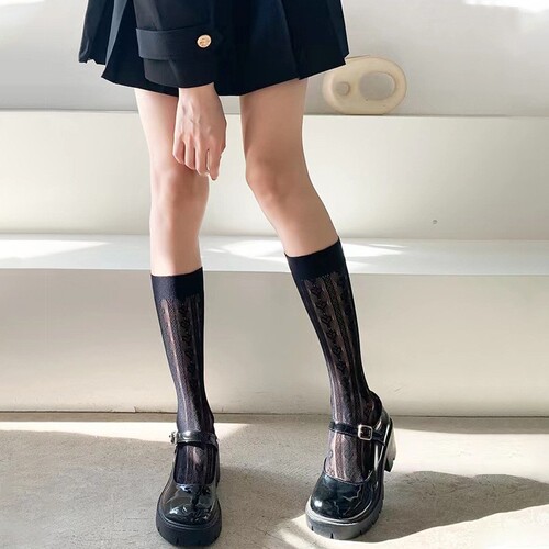 Japanese Lolita socks for girls, JK calf-length women's ring lace socks, summer thin transparent mesh top-down socks
