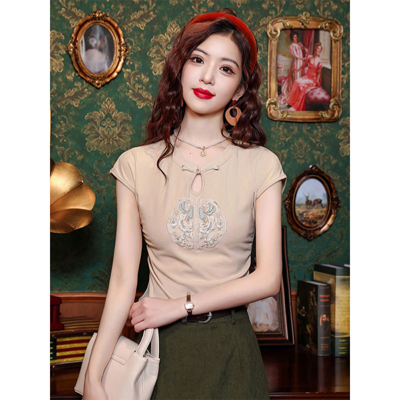 40 1*1 thread cotton 260g] new Chinese style national wind buckle short sleeve T-shirt women's hollow slim slim top