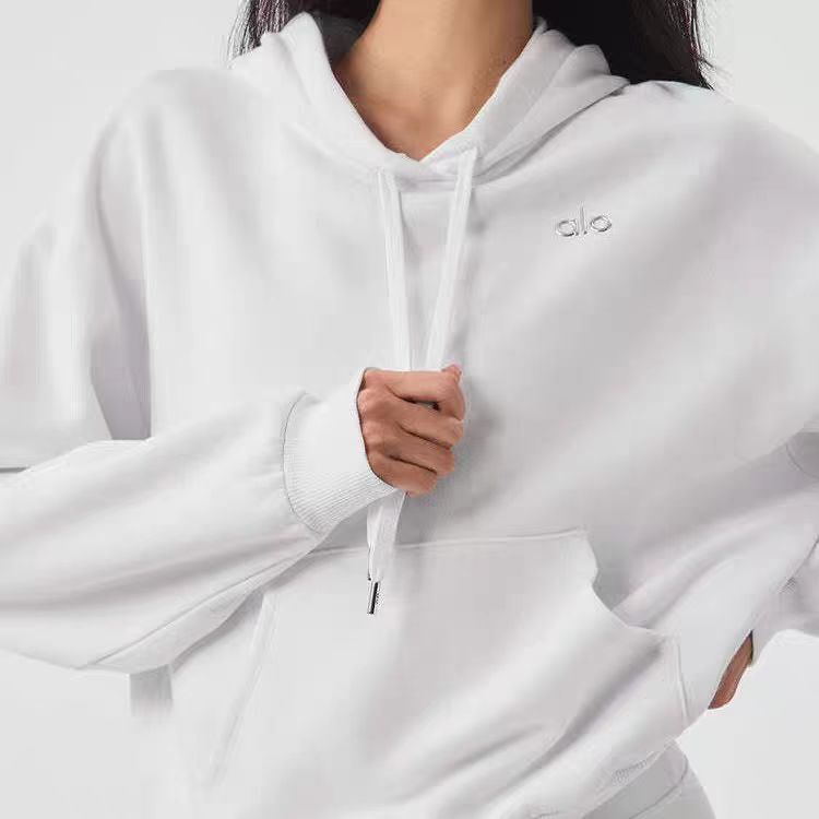 Alo Sweatshirt, Loose Fit, Hooded, Solid Color, Drawstring, Front Pocket, Unisex, Mid-Length, Embossed Design