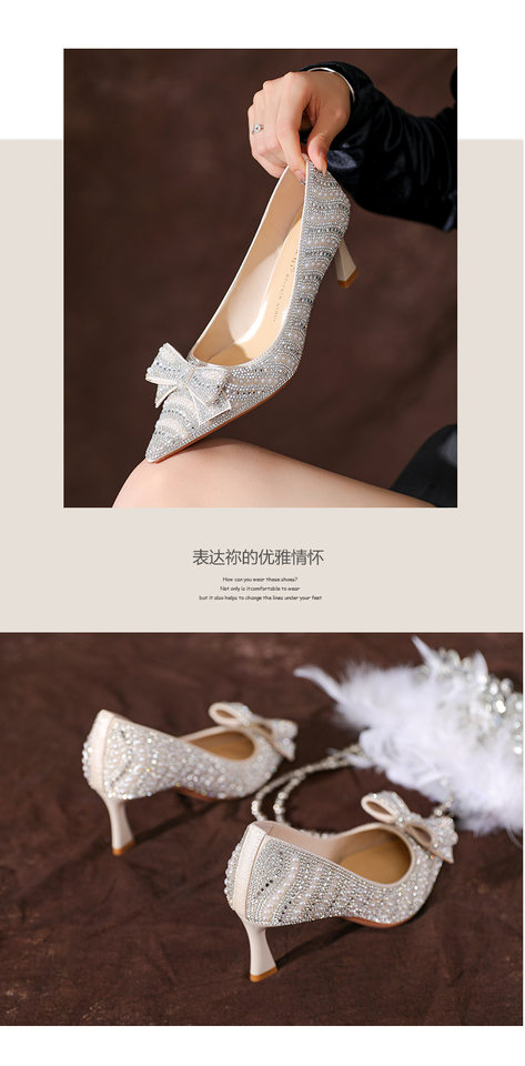 Giày cao gót nữ mũi nhọn gót thanh mảnh đính đá nơ bướm, giày cưới cô dâu gót 6–8 cm — Màu mơ chi tiết 8