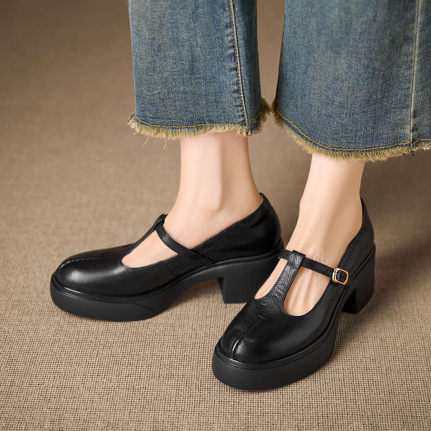 Giày Mary Jane nữ da cừu đế dày gót vuông 6,5 cm quai ngang khóa — đen