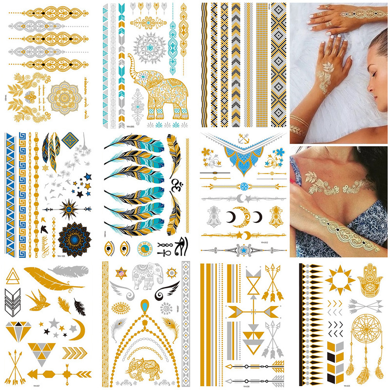 10 Pieces of Four-Color Hot Stamping and Silver Cross-Border Set Water Transfer Temporary Party Party Artificial Disposable Tattoo Stickers