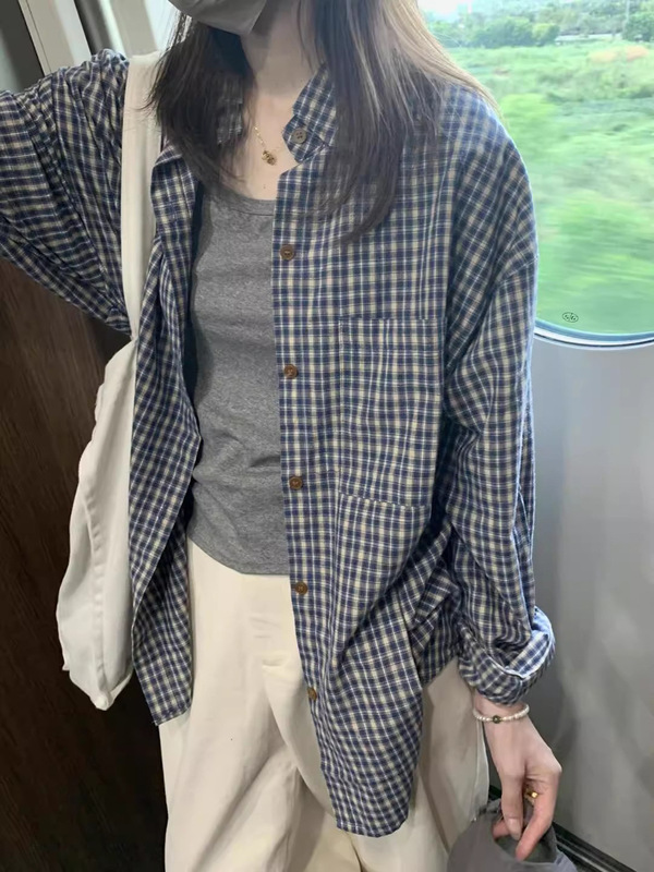 韩版蓝色格子长袖衬衫女秋季2025新款慵懒风衬衣外套宽松显瘦上衣|undefined